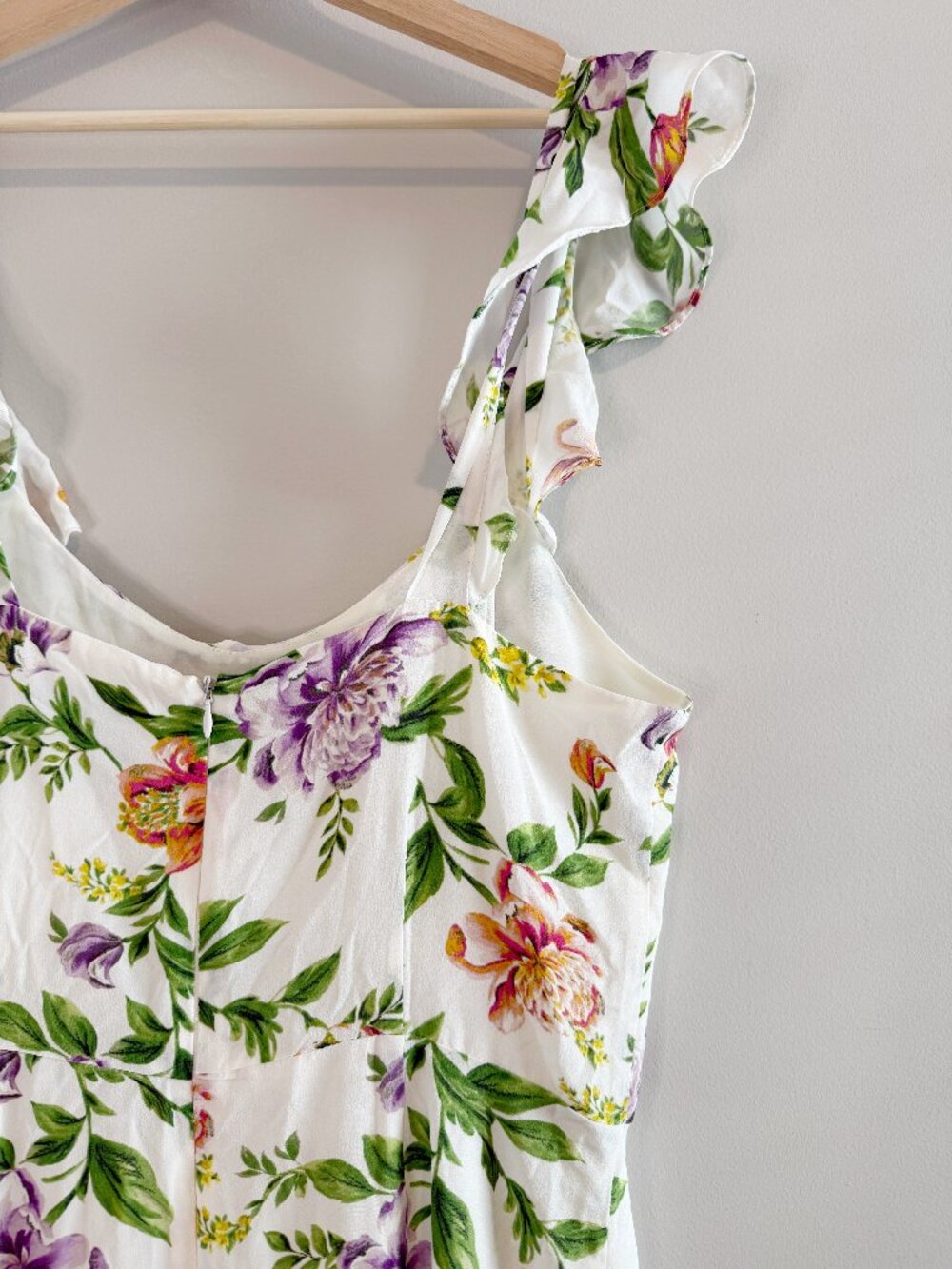 Amour‎ Vert Silk Floral Midi Dress Women's Large White Romantic Ruffle Sleeve - Picture 6 of 14
